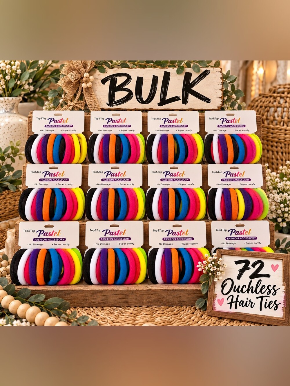 BULK 72-Pack Ouchless Hair Ties - Multicolor